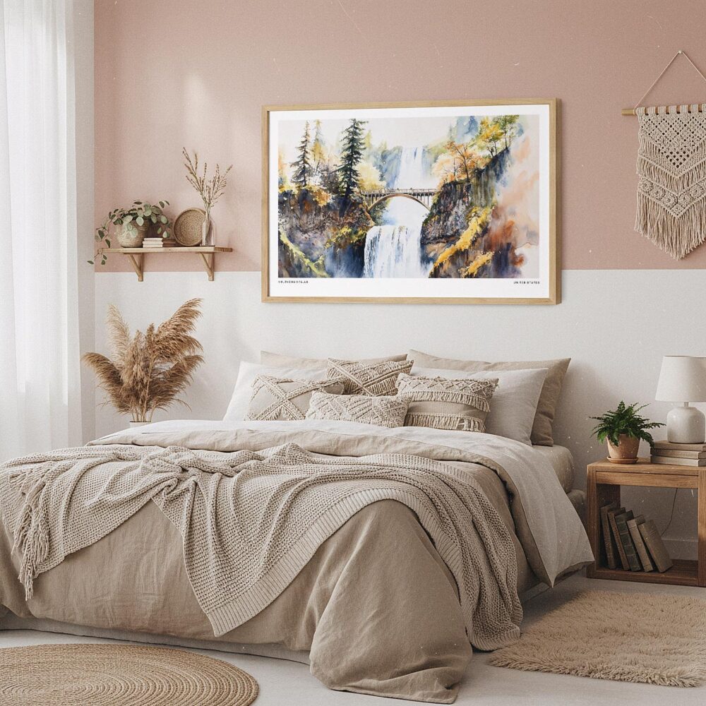 04 - Framed Multnomah Falls Watercolor - Horizontal Art Print in Boho Bedroom.jpg 04 - Framed Multnomah Falls Watercolor - Horizontal Art Print in Boho Bedroom.jpg