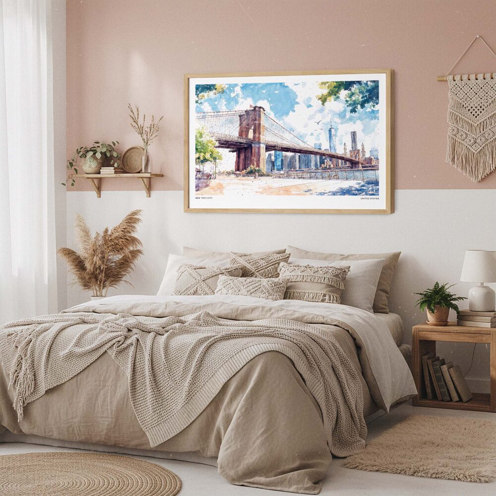 04 - Framed NYC Brooklyn Bridge Watercolor Art - Horizontal Art Print in Boho Bedroom - Horizontal.jpg 04 - Framed NYC Brooklyn Bridge Watercolor Art - Horizontal Art Print in Boho Bedroom - Horizontal.jpg