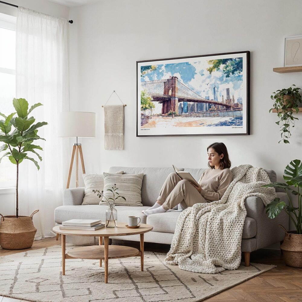 04 - Framed NYC Brooklyn Bridge Watercolor Art - Horizontal Canvas Print - Scandi Living Room.jpg 04 - Framed NYC Brooklyn Bridge Watercolor Art - Horizontal Canvas Print - Scandi Living Room.jpg