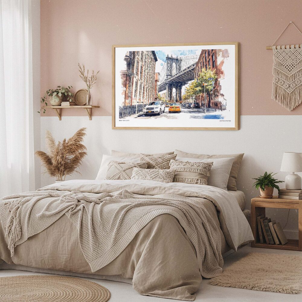 04 - Framed NYC Manhattan Bridge Watercolor Art - Horizontal Art Print in Boho Bedroom - Horizontal.jpg 04 - Framed NYC Manhattan Bridge Watercolor Art - Horizontal Art Print in Boho Bedroom - Horizontal.jpg