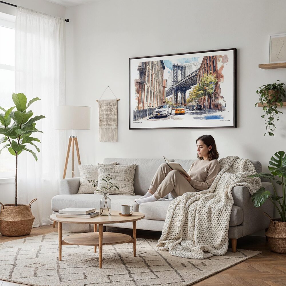 04 - Framed NYC Manhattan Bridge Watercolor Art - Horizontal Canvas Print - Scandi Living Room.jpg 04 - Framed NYC Manhattan Bridge Watercolor Art - Horizontal Canvas Print - Scandi Living Room.jpg