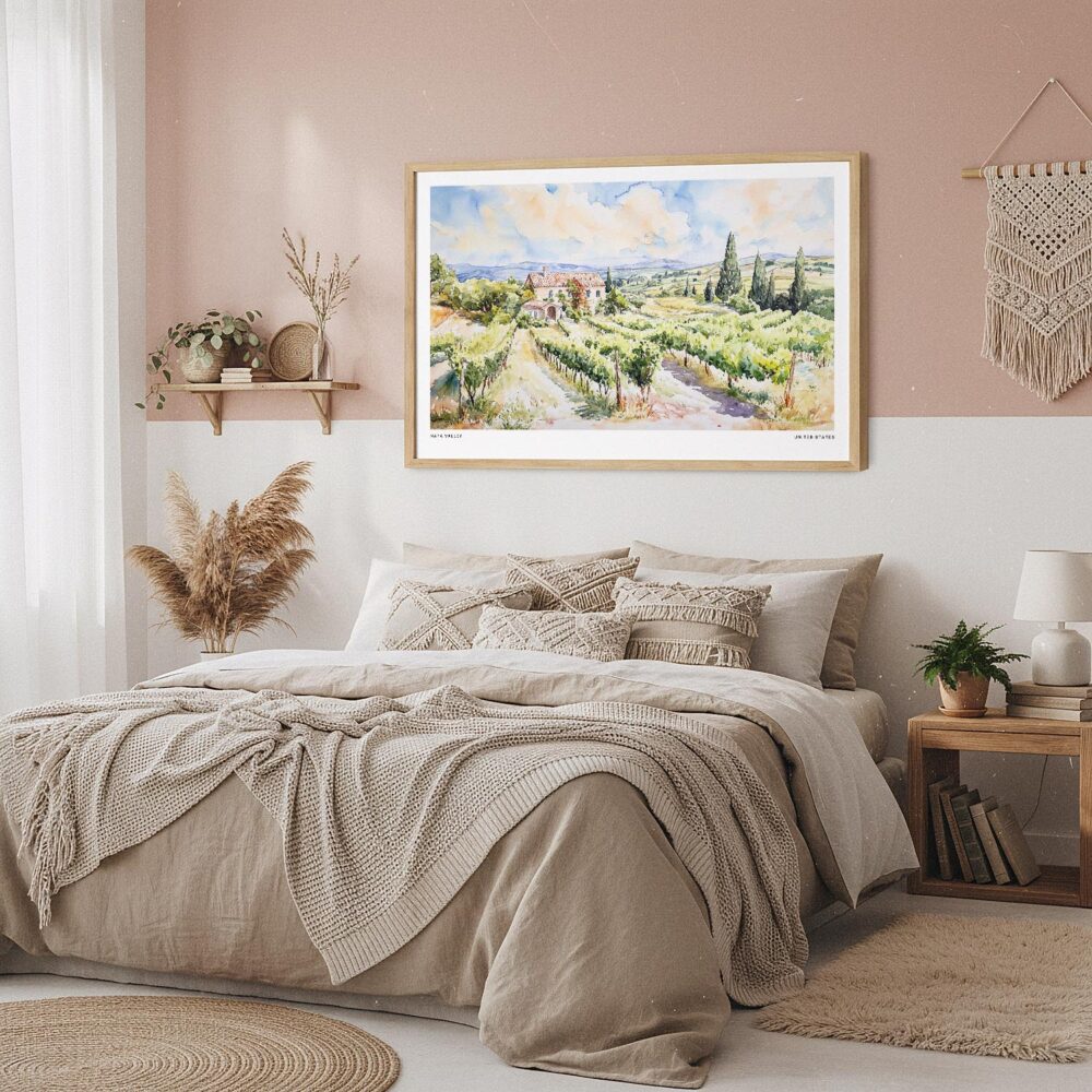 04 - Framed Napa Valley Watercolor - Horizontal Art Print in Boho Bedroom.jpg 04 - Framed Napa Valley Watercolor - Horizontal Art Print in Boho Bedroom.jpg