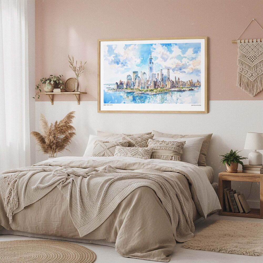 04 - Framed New York City Skyline Watercolor Art - Horizontal Art Print in Boho Bedroom - Horizontal.jpg 04 - Framed New York City Skyline Watercolor Art - Horizontal Art Print in Boho Bedroom - Horizontal.jpg
