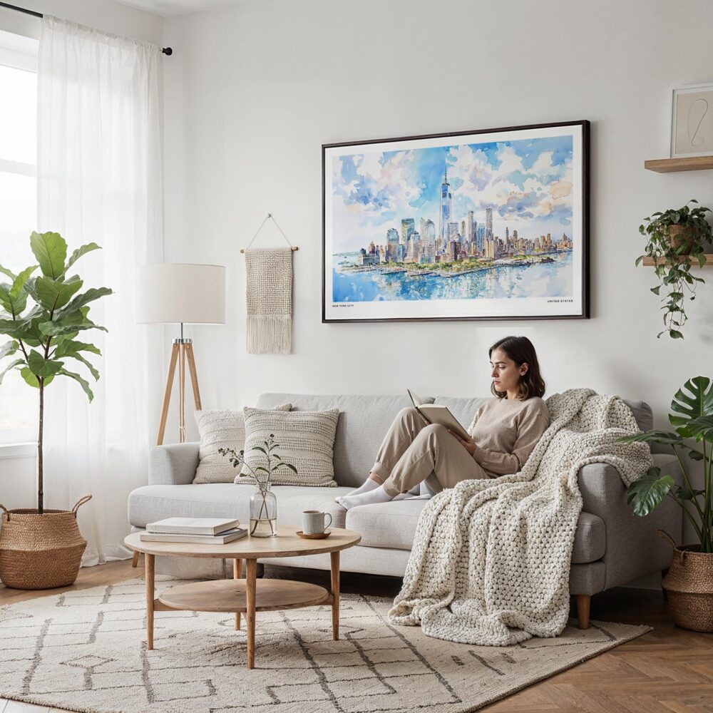 04 - Framed New York City Skyline Watercolor Art - Horizontal Canvas Print - Scandi Living Room.jpg 04 - Framed New York City Skyline Watercolor Art - Horizontal Canvas Print - Scandi Living Room.jpg