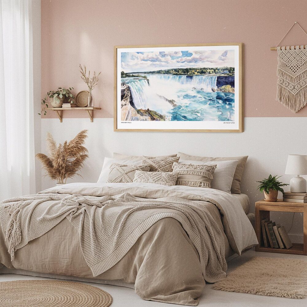 04 - Framed Niagara Falls Watercolor - Horizontal Art Print in Boho Bedroom.jpg 04 - Framed Niagara Falls Watercolor - Horizontal Art Print in Boho Bedroom.jpg