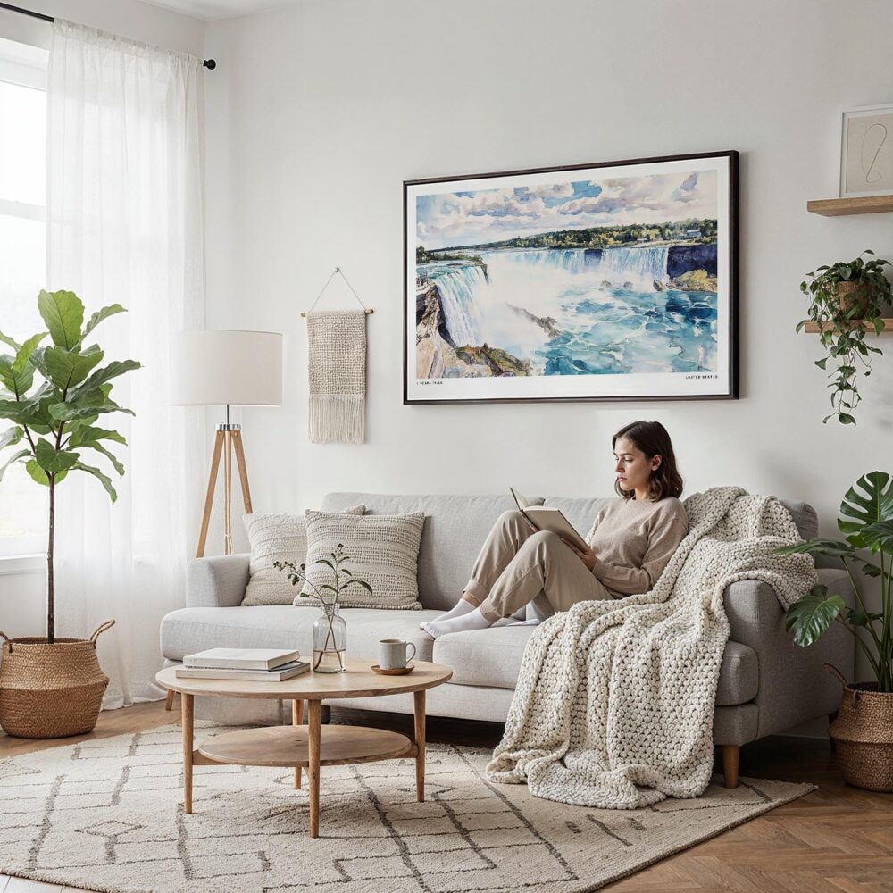 04 - Framed Niagara Falls Watercolor - Horizontal Canvas Print - Scandi Living Room.jpg 04 - Framed Niagara Falls Watercolor - Horizontal Canvas Print - Scandi Living Room.jpg