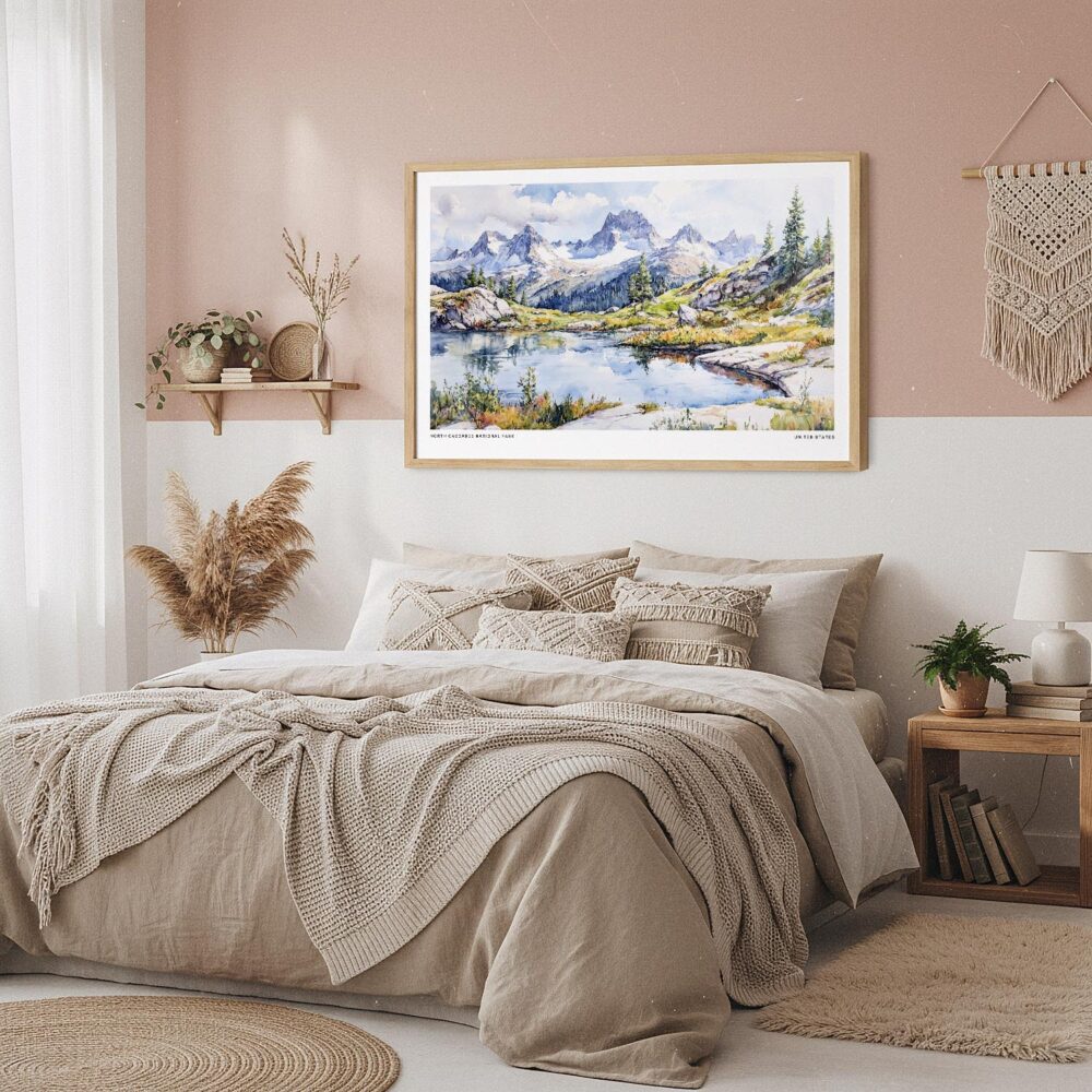 04 - Framed North Cascades National Park Watercolor - Horizontal Art Print in Boho Bedroom.jpg 04 - Framed North Cascades National Park Watercolor - Horizontal Art Print in Boho Bedroom.jpg