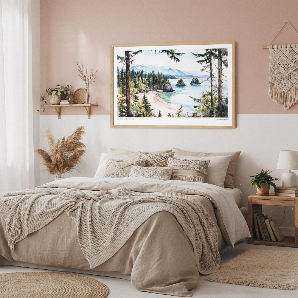 04 - Framed Olympic National Park Watercolor - Horizontal Art Print in Boho Bedroom.jpg 04 - Framed Olympic National Park Watercolor - Horizontal Art Print in Boho Bedroom.jpg