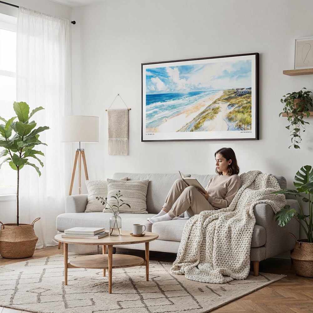 04 - Framed Outer Banks NC Watercolor - Horizontal Canvas Print - Scandi Living Room.jpg 04 - Framed Outer Banks NC Watercolor - Horizontal Canvas Print - Scandi Living Room.jpg