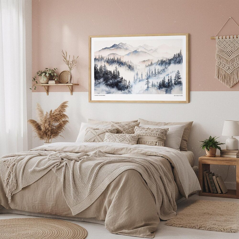 04 - Framed Pacific Northwest Watercolor - Horizontal Art Print in Boho Bedroom.jpg 04 - Framed Pacific Northwest Watercolor - Horizontal Art Print in Boho Bedroom.jpg
