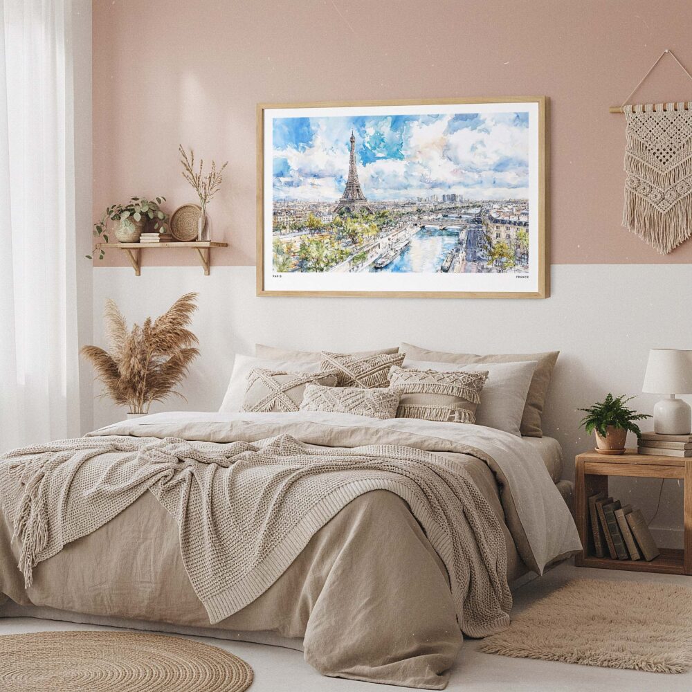 04 - Framed Paris Skyline Watercolor Art - Horizontal Art Print in Boho Bedroom - Horizontal.jpg 04 - Framed Paris Skyline Watercolor Art - Horizontal Art Print in Boho Bedroom - Horizontal.jpg