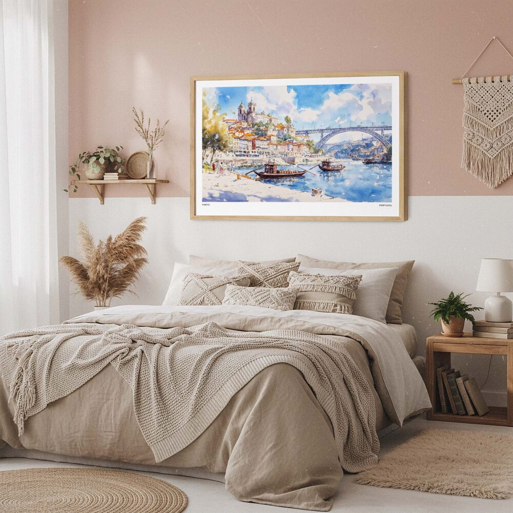 04 - Framed Porto Portugal Watercolor Art - Horizontal Art Print in Boho Bedroom - Horizontal.jpg 04 - Framed Porto Portugal Watercolor Art - Horizontal Art Print in Boho Bedroom - Horizontal.jpg