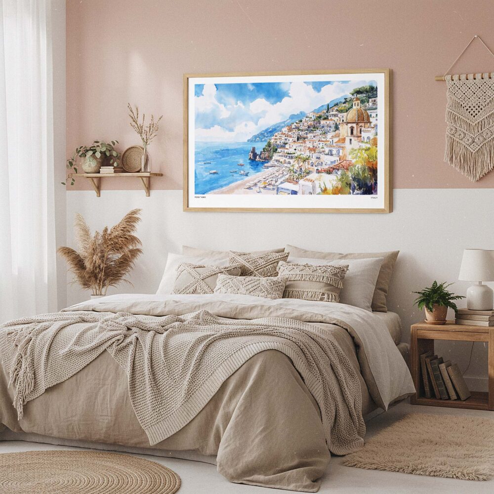 04 - Framed Positano Italy Watercolor Art - Horizontal Art Print in Boho Bedroom.jpg 04 - Framed Positano Italy Watercolor Art - Horizontal Art Print in Boho Bedroom.jpg