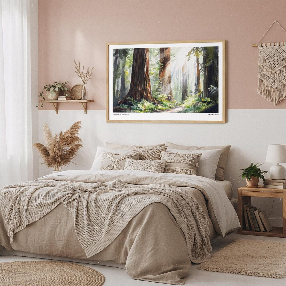 04 - Framed Redwood National Park Watercolor - Horizontal Art Print in Boho Bedroom.jpg 04 - Framed Redwood National Park Watercolor - Horizontal Art Print in Boho Bedroom.jpg