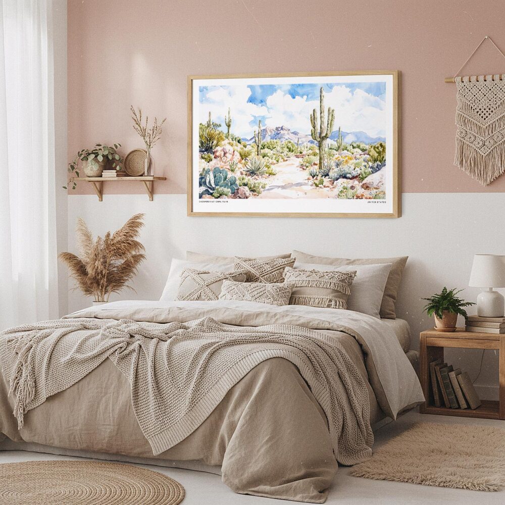 04 - Framed Saguaro National Park Watercolor - Horizontal Art Print in Boho Bedroom.jpg 04 - Framed Saguaro National Park Watercolor - Horizontal Art Print in Boho Bedroom.jpg