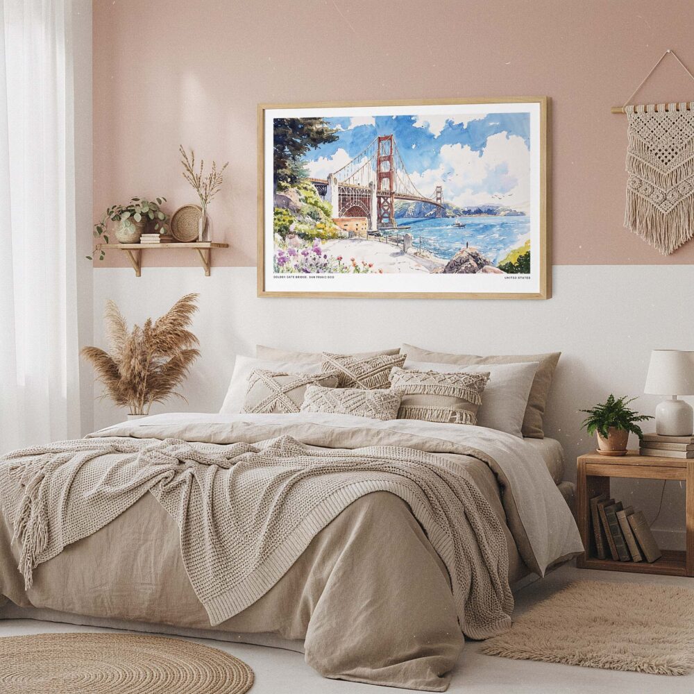 04 - Framed San Francisco Golden Gate Bridge Watercolor Art - Horizontal Art Print in Boho Bedroom.jpg 04 - Framed San Francisco Golden Gate Bridge Watercolor Art - Horizontal Art Print in Boho Bedroom.jpg