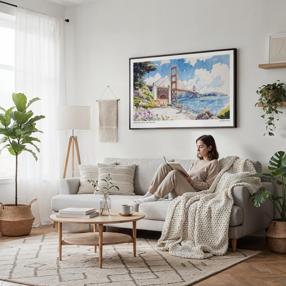 04 - Framed San Francisco Golden Gate Bridge Watercolor Art - Horizontal Canvas Print - Scandi Living Room.jpg 04 - Framed San Francisco Golden Gate Bridge Watercolor Art - Horizontal Canvas Print - Scandi Living Room.jpg