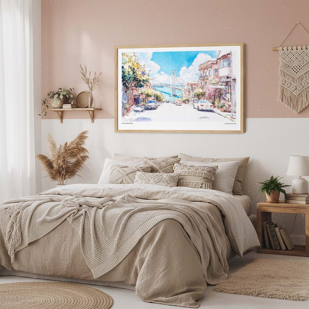 04 - Framed San Francisco Lombard Street Watercolor Art - Horizontal Art Print in Boho Bedroom.jpg 04 - Framed San Francisco Lombard Street Watercolor Art - Horizontal Art Print in Boho Bedroom.jpg