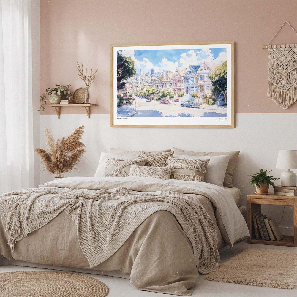 04 - Framed San Francisco Painted Ladies Watercolor Art - Horizontal Art Print in Boho Bedroom.jpg 04 - Framed San Francisco Painted Ladies Watercolor Art - Horizontal Art Print in Boho Bedroom.jpg