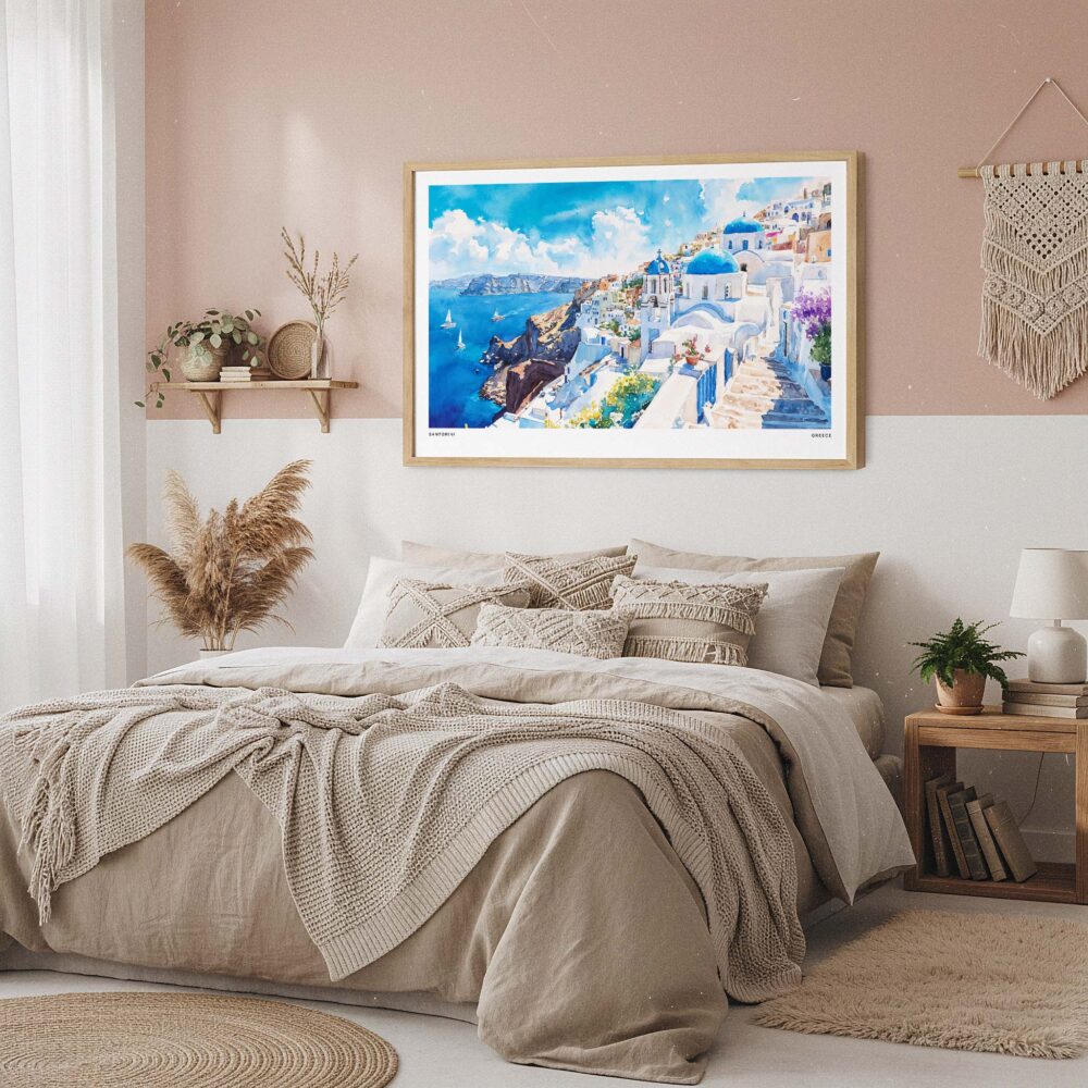 04 - Framed Santorini Blue Dome Church Watercolor Art - Horizontal Art Print in Boho Bedroom.jpg 04 - Framed Santorini Blue Dome Church Watercolor Art - Horizontal Art Print in Boho Bedroom.jpg