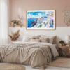 04 - Framed Santorini Blue Dome Church Watercolor Art - Horizontal Art Print in Boho Bedroom.jpg