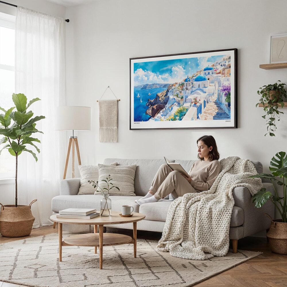 04 - Framed Santorini Blue Dome Church Watercolor Art - Horizontal Canvas Print - Scandi Living Room.jpg 04 - Framed Santorini Blue Dome Church Watercolor Art - Horizontal Canvas Print - Scandi Living Room.jpg