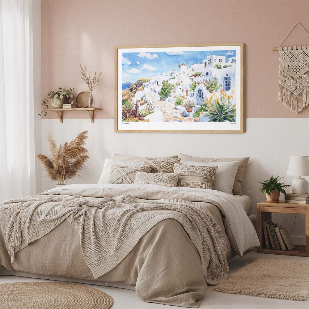 04 - Framed Santorini Watercolor Art - Horizontal Art Print in Boho Bedroom.jpg 04 - Framed Santorini Watercolor Art - Horizontal Art Print in Boho Bedroom.jpg