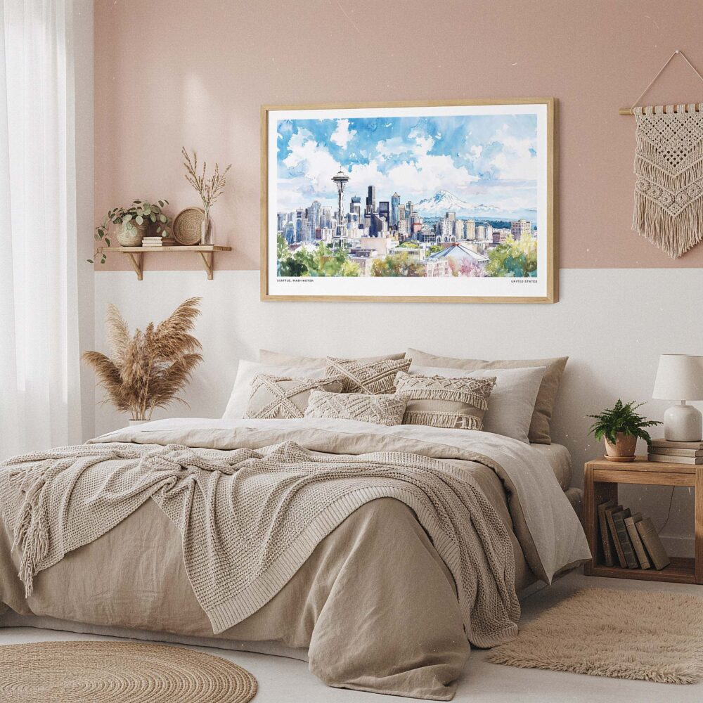 04 - Framed Seattle Skyline with Mount Rainier Watercolor Art - Horizontal Art Print in Boho Bedroom - Horizontal.jpg 04 - Framed Seattle Skyline with Mount Rainier Watercolor Art - Horizontal Art Print in Boho Bedroom - Horizontal.jpg