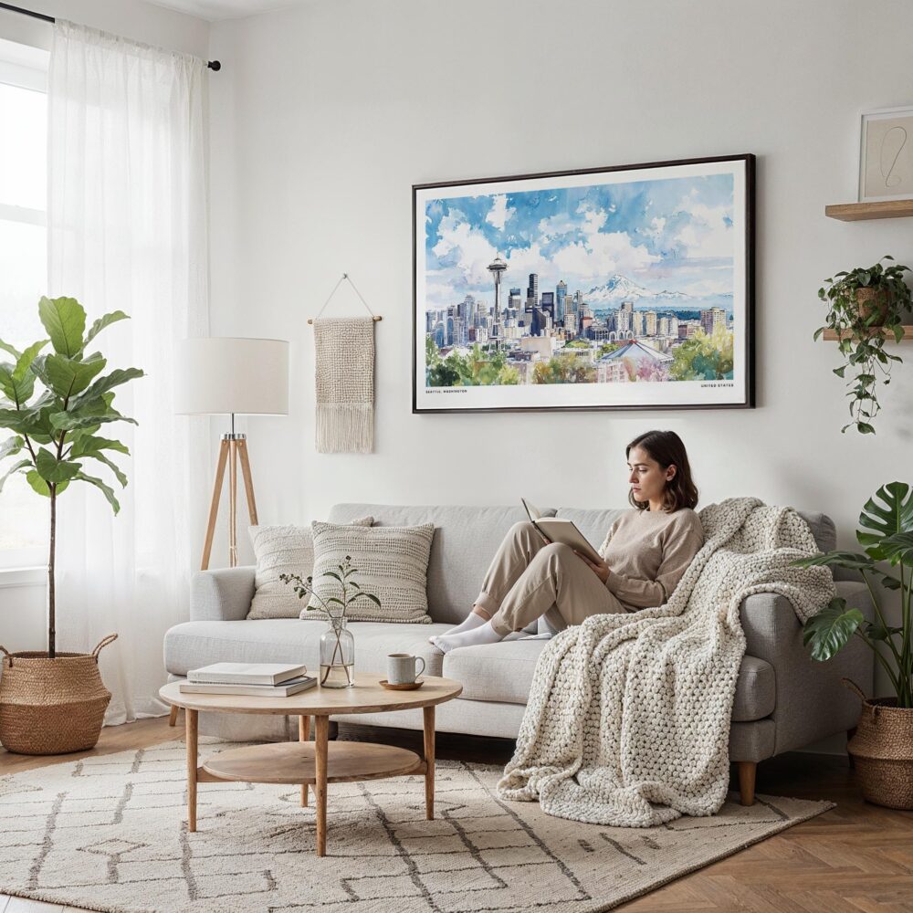 04 - Framed Seattle Skyline with Mount Rainier Watercolor Art - Horizontal Canvas Print - Scandi Living Room.jpg 04 - Framed Seattle Skyline with Mount Rainier Watercolor Art - Horizontal Canvas Print - Scandi Living Room.jpg