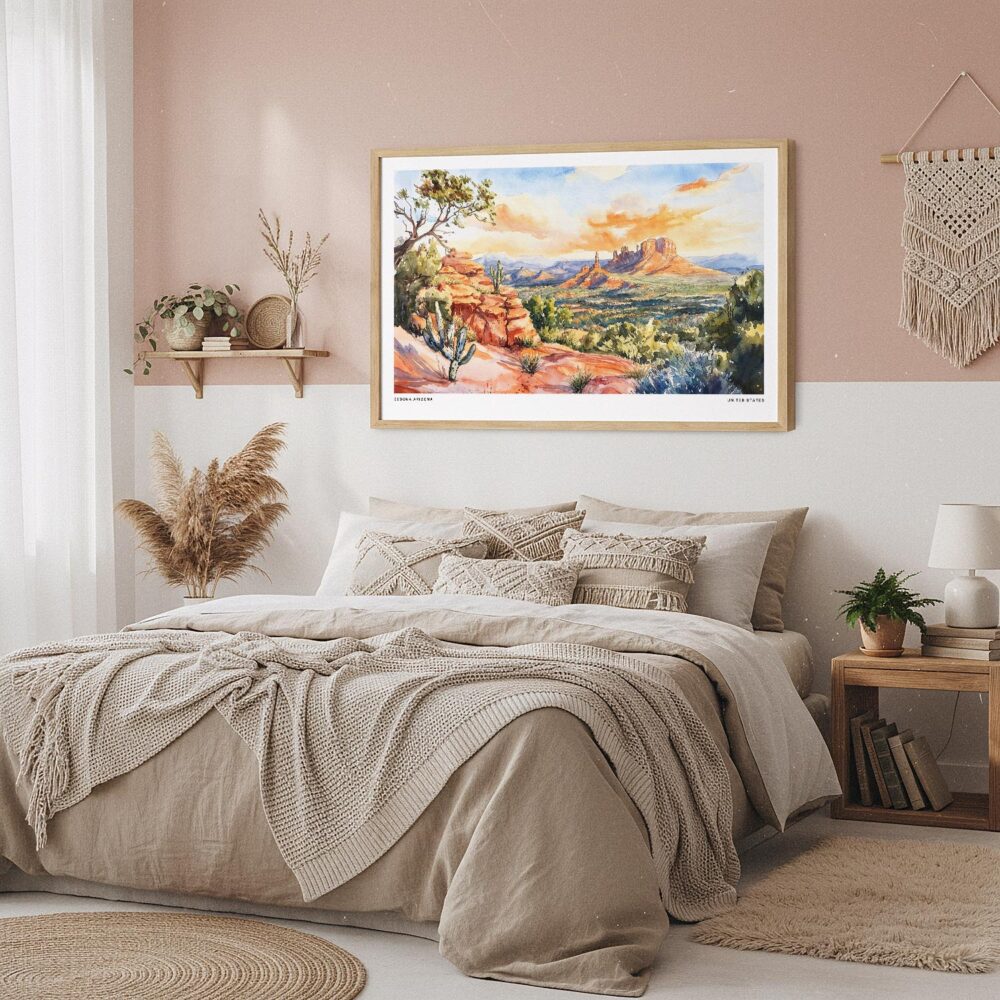 04 - Framed Sedona AZ Watercolor - Horizontal Art Print in Boho Bedroom.jpg 04 - Framed Sedona AZ Watercolor - Horizontal Art Print in Boho Bedroom.jpg