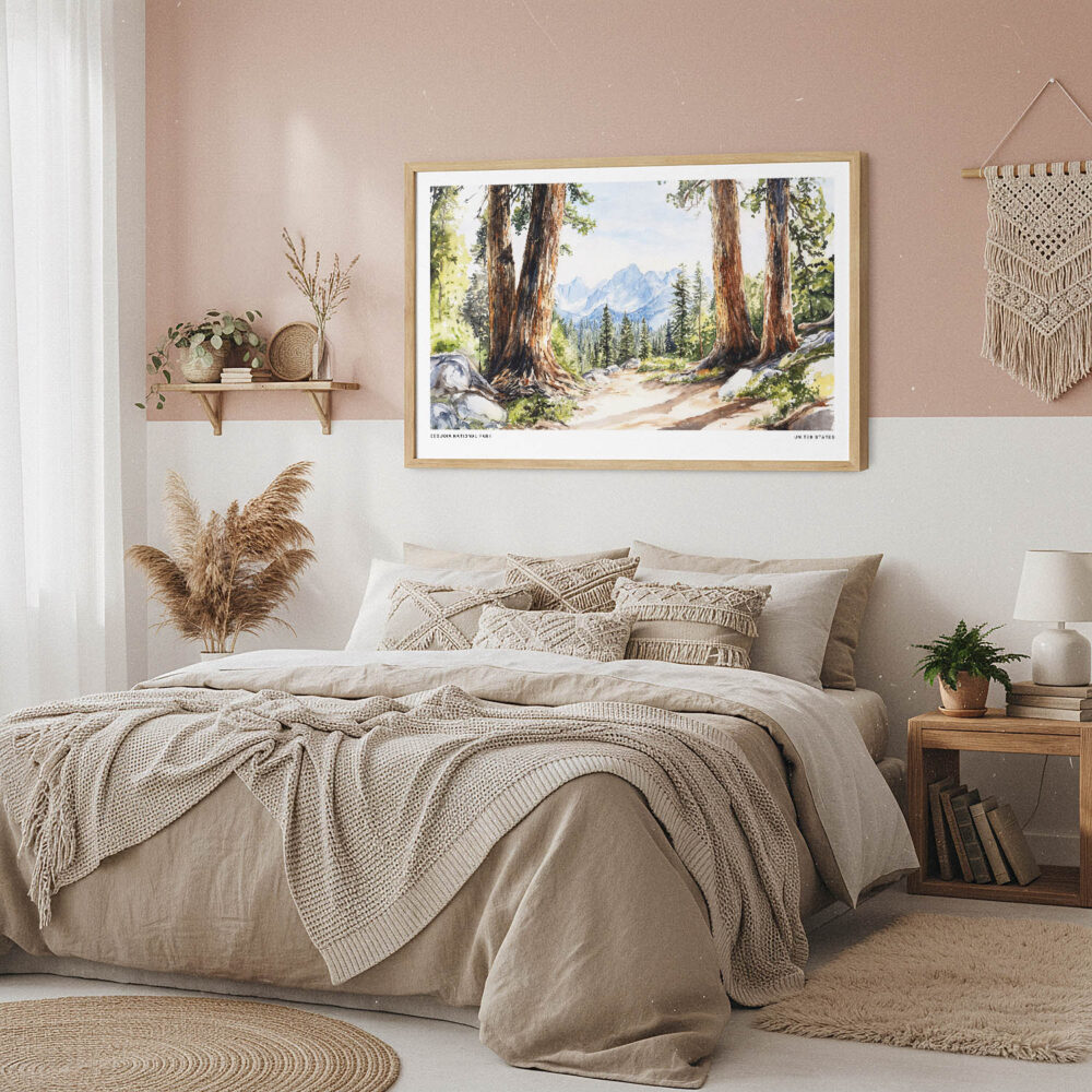 04 - Framed Sequoia National Park Watercolor - Horizontal Art Print in Boho Bedroom.jpg 04 - Framed Sequoia National Park Watercolor - Horizontal Art Print in Boho Bedroom.jpg