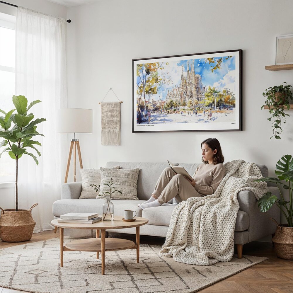 04 - Framed Spain Sagrada Familia Watercolor Art - Horizontal Canvas Print - Scandi Living Room.jpg 04 - Framed Spain Sagrada Familia Watercolor Art - Horizontal Canvas Print - Scandi Living Room.jpg