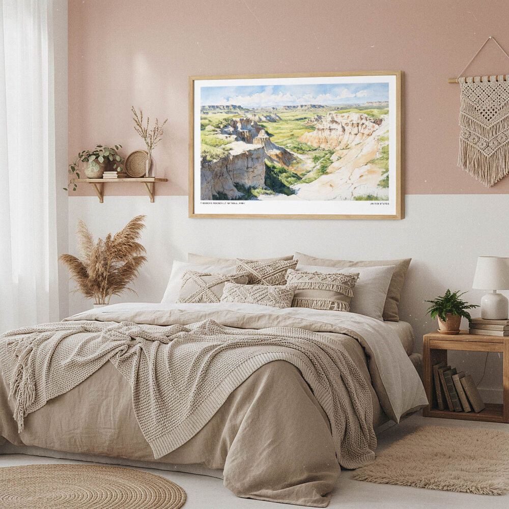 04 - Framed Theodore Roosevelt National Park Watercolor - Horizontal Art Print in Boho Bedroom.jpg 04 - Framed Theodore Roosevelt National Park Watercolor - Horizontal Art Print in Boho Bedroom.jpg