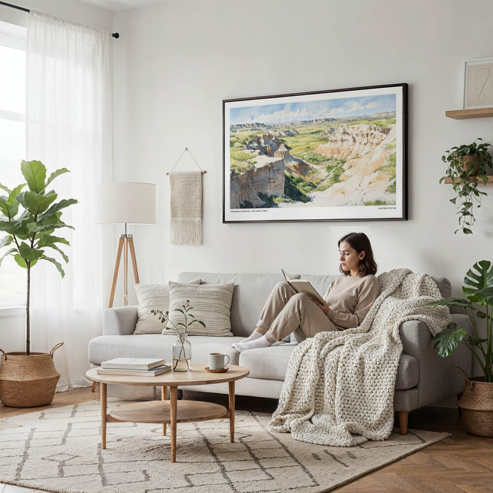 04 - Framed Theodore Roosevelt National Park Watercolor - Horizontal Canvas Print - Scandi Living Room.jpg 04 - Framed Theodore Roosevelt National Park Watercolor - Horizontal Canvas Print - Scandi Living Room.jpg