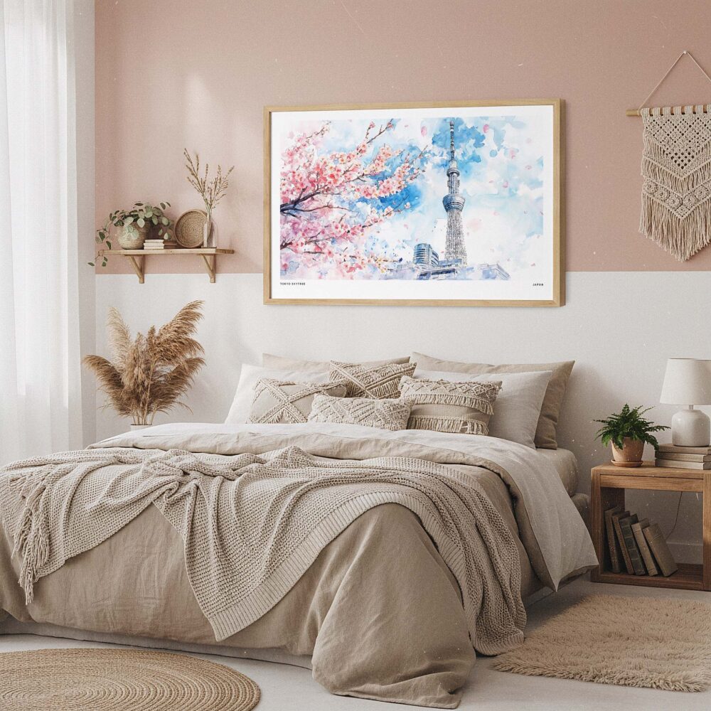 04 - Framed Tokyo Skytree During Sakura Season Watercolor Art - Horizontal Art Print in Boho Bedroom.jpg 04 - Framed Tokyo Skytree During Sakura Season Watercolor Art - Horizontal Art Print in Boho Bedroom.jpg