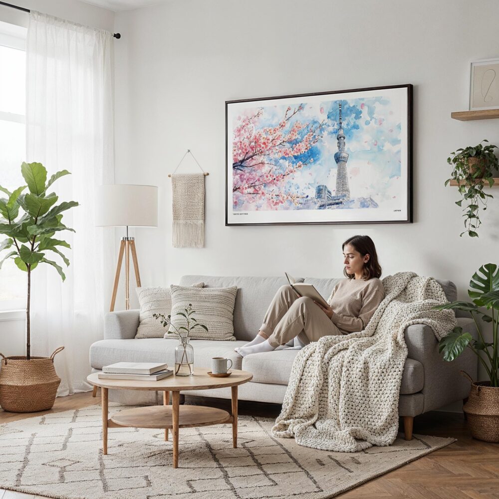 04 - Framed Tokyo Skytree During Sakura Season Watercolor Art - Horizontal Canvas Print - Scandi Living Room.jpg 04 - Framed Tokyo Skytree During Sakura Season Watercolor Art - Horizontal Canvas Print - Scandi Living Room.jpg