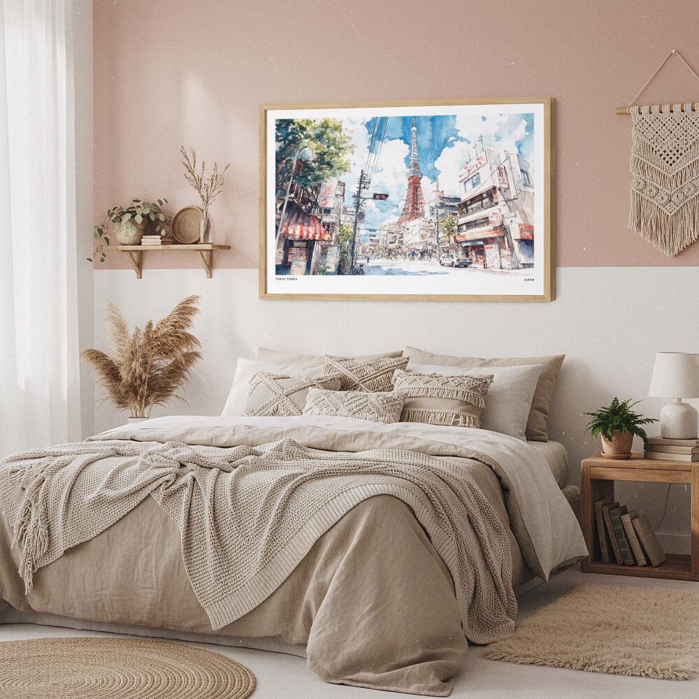 04 - Framed Tokyo Tower Watercolor Art - Horizontal Art Print in Boho Bedroom.jpg 04 - Framed Tokyo Tower Watercolor Art - Horizontal Art Print in Boho Bedroom.jpg