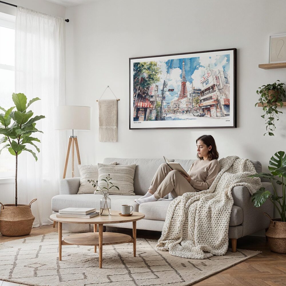 04 - Framed Tokyo Tower Watercolor Art - Horizontal Canvas Print - Scandi Living Room.jpg 04 - Framed Tokyo Tower Watercolor Art - Horizontal Canvas Print - Scandi Living Room.jpg