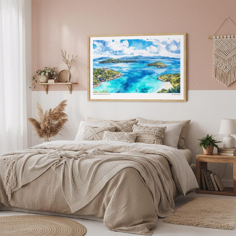 04 - Framed Virgin Islands National Park Watercolor - Horizontal Art Print in Boho Bedroom.jpg 04 - Framed Virgin Islands National Park Watercolor - Horizontal Art Print in Boho Bedroom.jpg