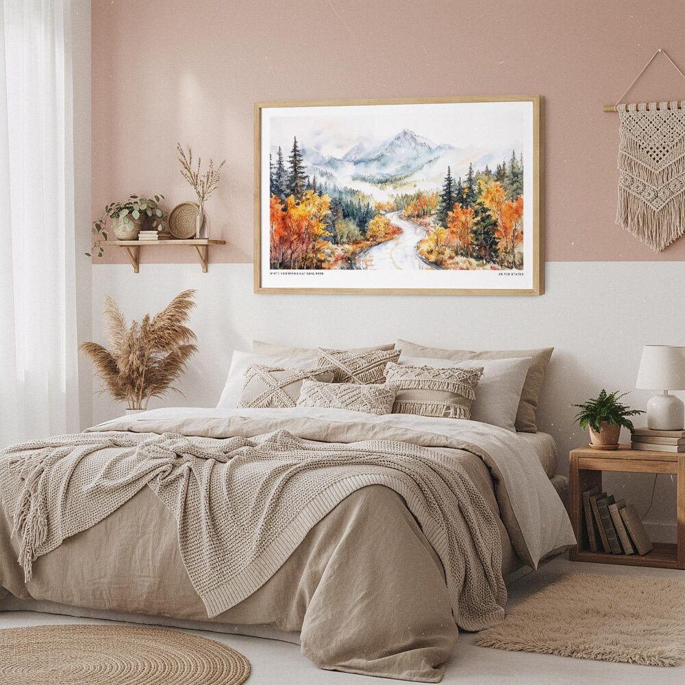 04 - Framed White Mountains National Park Watercolor - Horizontal Art Print in Boho Bedroom.jpg 04 - Framed White Mountains National Park Watercolor - Horizontal Art Print in Boho Bedroom.jpg