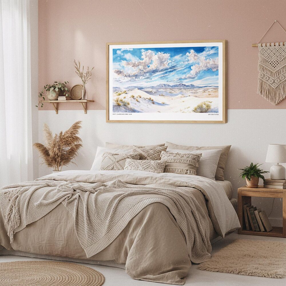 04 - Framed White Sands National Park Watercolor - Horizontal Art Print in Boho Bedroom.jpg 04 - Framed White Sands National Park Watercolor - Horizontal Art Print in Boho Bedroom.jpg