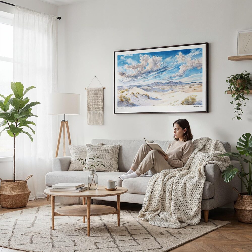 04 - Framed White Sands National Park Watercolor - Horizontal Canvas Print - Scandi Living Room.jpg 04 - Framed White Sands National Park Watercolor - Horizontal Canvas Print - Scandi Living Room.jpg