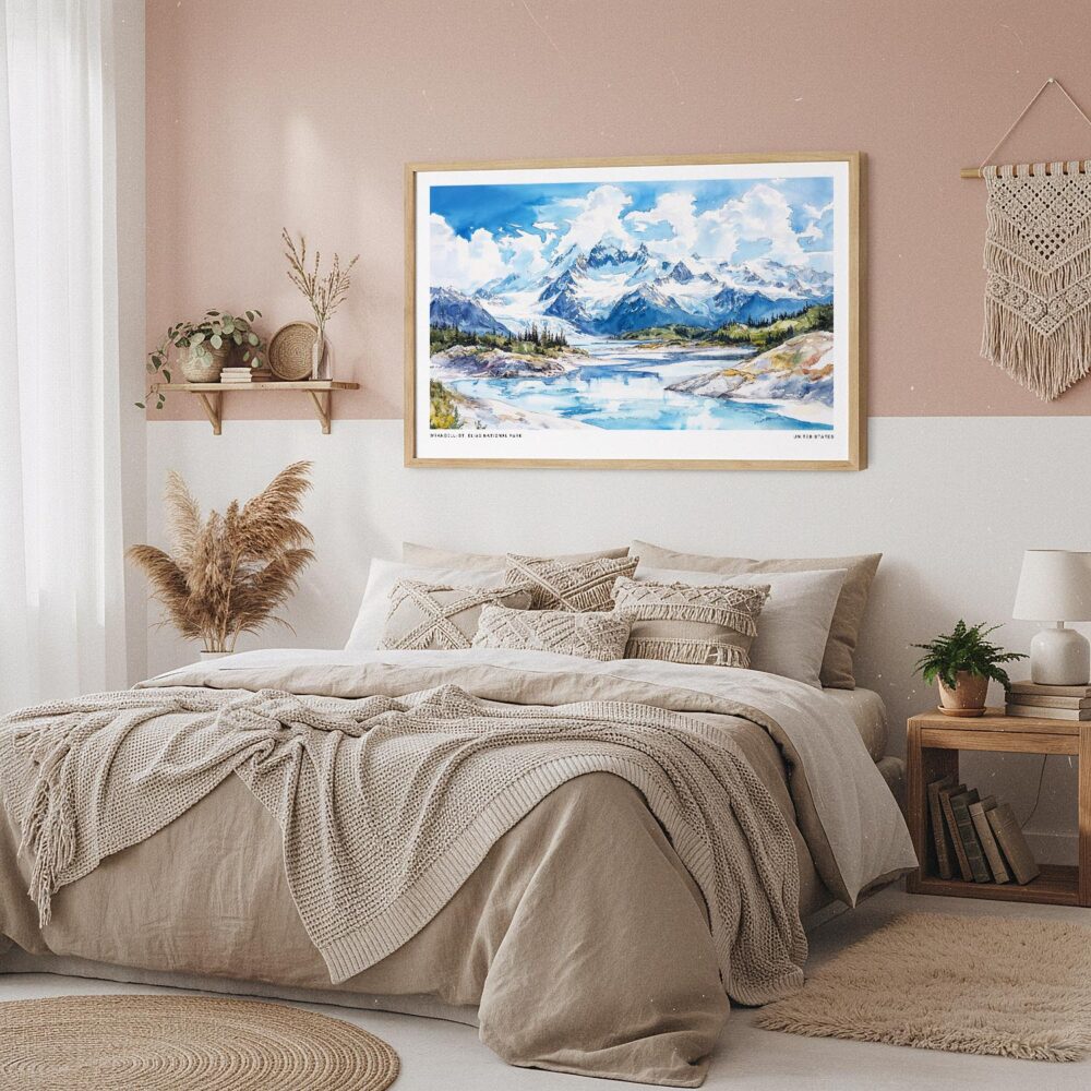 04 - Framed Wrangell–St. Elias National Park Watercolor - Horizontal Art Print in Boho Bedroom.jpg 04 - Framed Wrangell–St. Elias National Park Watercolor - Horizontal Art Print in Boho Bedroom.jpg