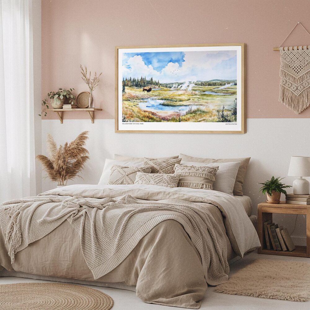 04 - Framed Yellowstone National Park Watercolor - Horizontal Art Print in Boho Bedroom.jpg 04 - Framed Yellowstone National Park Watercolor - Horizontal Art Print in Boho Bedroom.jpg