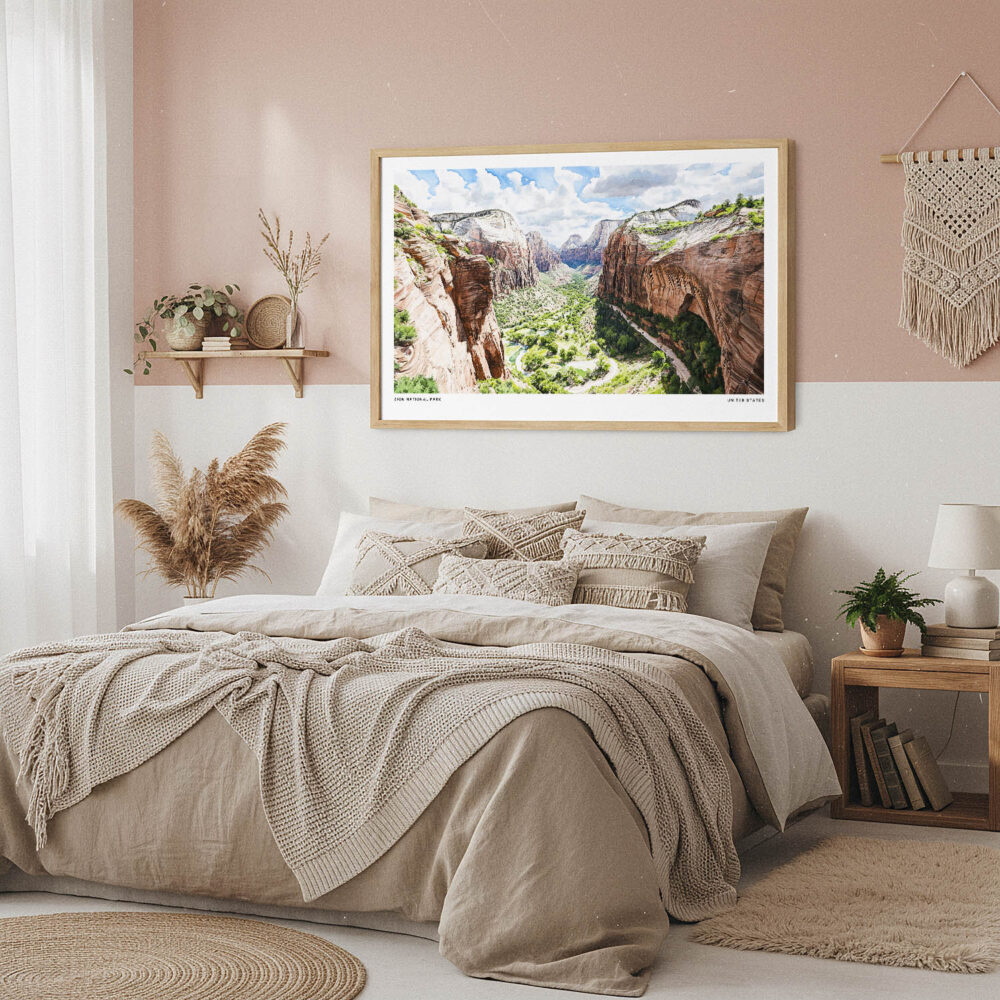 04 - Framed Zion National Park Watercolor - Horizontal Art Print in Boho Bedroom.jpg 04 - Framed Zion National Park Watercolor - Horizontal Art Print in Boho Bedroom.jpg