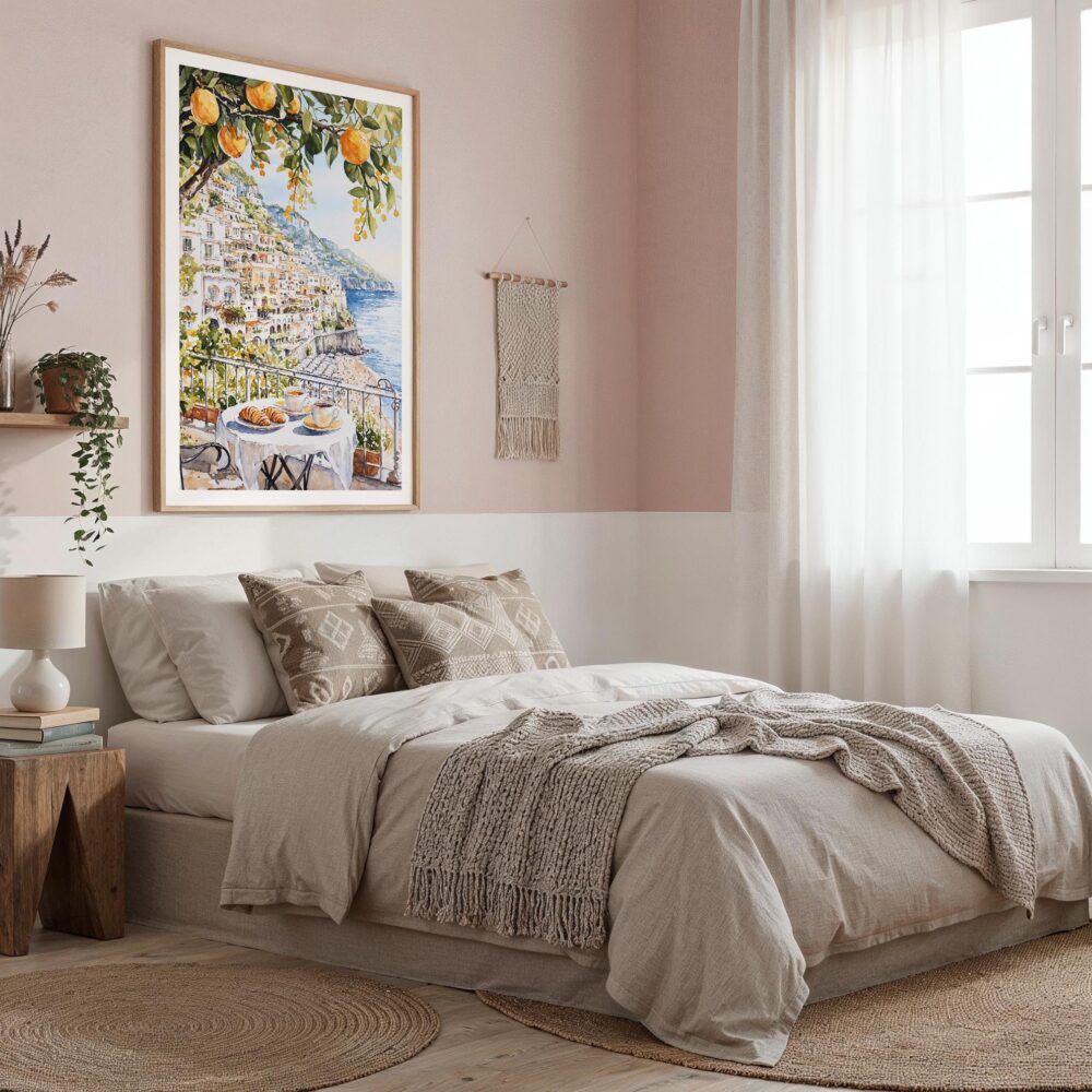 04 - Morning Coffee in Amalfi Coast Watercolor Art Print in Boho Living Room - Vertical.jpg 04 - Morning Coffee in Amalfi Coast Watercolor Art Print in Boho Living Room - Vertical.jpg