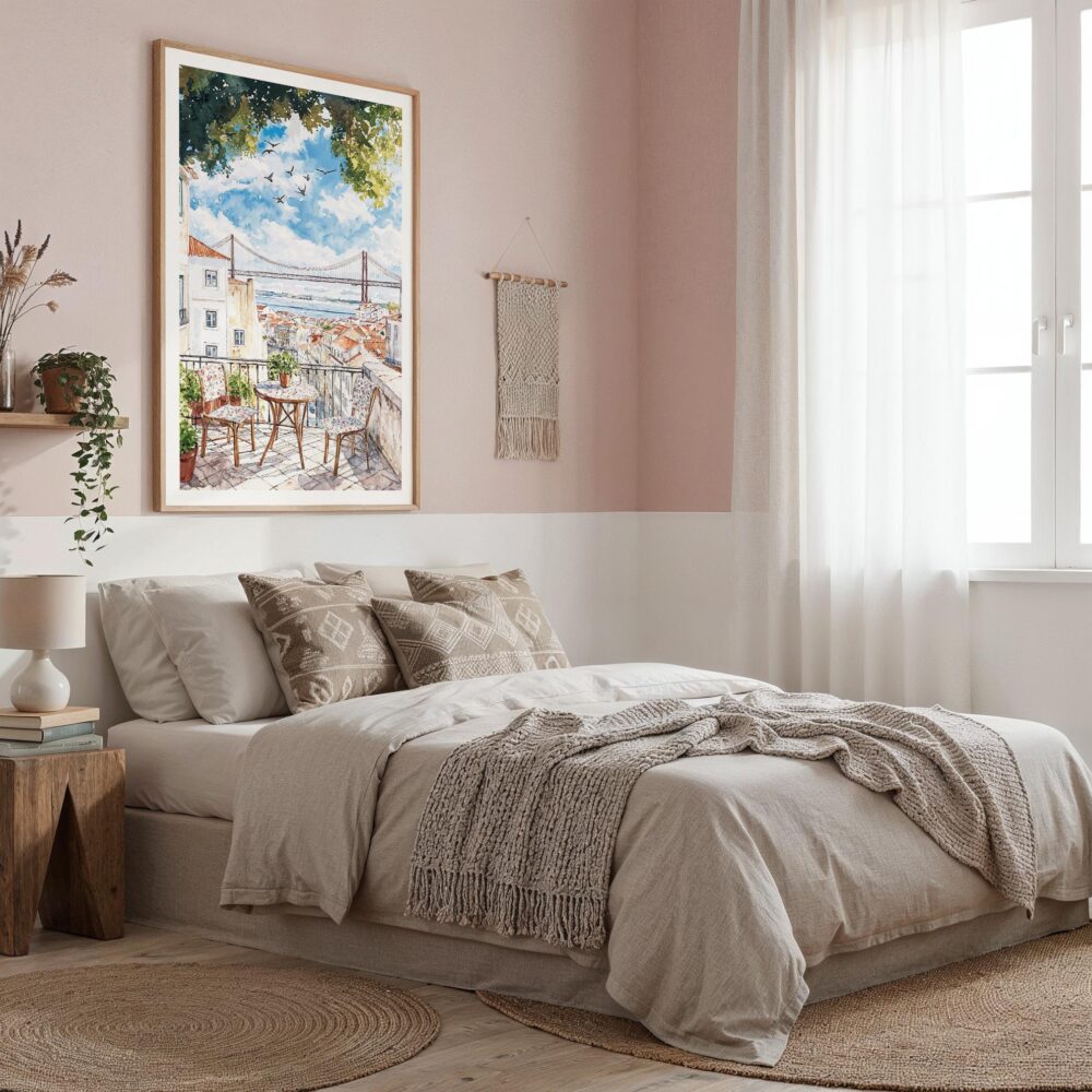 04 - Morning Coffee in Lisbon Watercolor Art Print in Boho Living Room - Vertical.jpg 04 - Morning Coffee in Lisbon Watercolor Art Print in Boho Living Room - Vertical.jpg