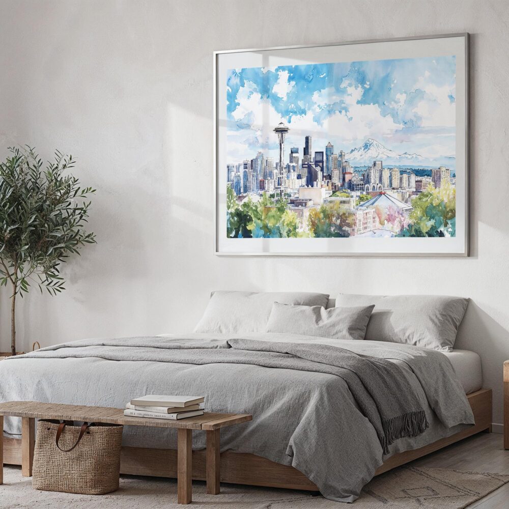 04 - Seattle Skyline with Mount Rainier Watercolor Art - Horizontal Art - Digital Download - Bedroom.jpg 04 - Seattle Skyline with Mount Rainier Watercolor Art - Horizontal Art - Digital Download - Bedroom.jpg