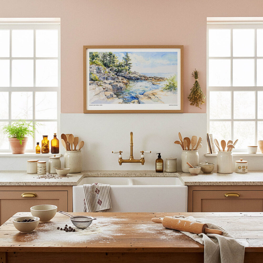 05 - Framed Acadia National Park Watercolor - Horizontal Art Print in Farmhouse style Kitchen.jpg 05 - Framed Acadia National Park Watercolor - Horizontal Art Print in Farmhouse style Kitchen.jpg
