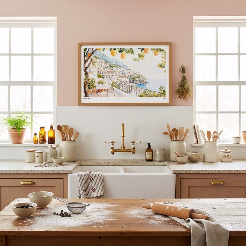 05 - Framed Amalfi Coast with Lemon Trees Watercolor Art - Horizontal Art Print in Farmhouse style Kitchen.jpg 05 - Framed Amalfi Coast with Lemon Trees Watercolor Art - Horizontal Art Print in Farmhouse style Kitchen.jpg